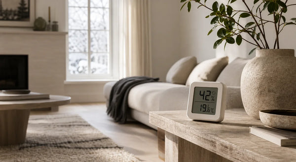 Thermo-hygromètre dans un salon pour mesurer l’humidité relative de la maison