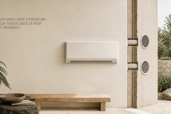 Climatiseur sans unité extérieure fixé dans un séjour avec deux grilles de ventilation visibles en façade