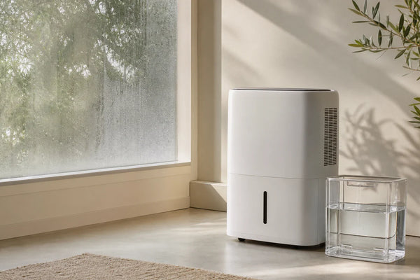 Déshumidificateur d'air près d'une fenêtre avec condensation et réservoir d'eau collectée