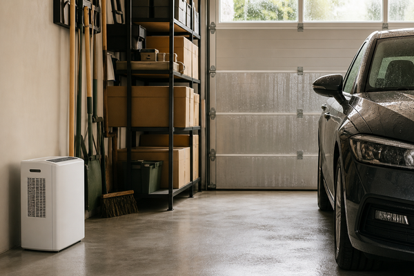 Garage propre légèrement humide avec voiture mouillée, outils rangés et déshumidificateur discret pour limiter condensation et rouille