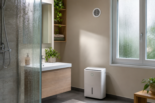 Salle de bain avec condensation, VMC murale et deshumidificateur electrique pour gerer l humidite interieure