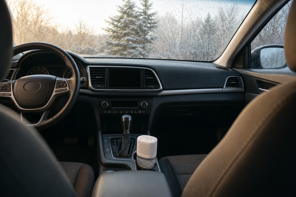 Deshumidificateur voiture place dans un porte-gobelet pour limiter la buee et l'humidite d'un habitacle stationne