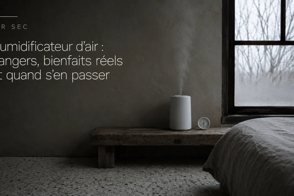 Humidificateur d'air posé sur une console dans une chambre d'hiver aux murs d'enduit gris, fine vapeur, fenêtre embuée en partie basse, lumière froide