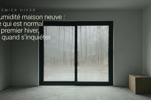 Séjour d'une maison neuve aux murs de plâtre à peine peints, baie vitrée couverte de buée en partie basse, lumière froide gris-vert
