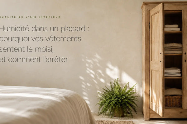 Armoire entrouverte contre un mur beige dans une chambre, vêtements pliés et fougère verte, avec le titre de l'article