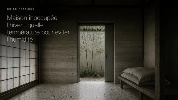 Pièce d'une maison fermée pour l'hiver, mur en terre crue, banc et futon plié sous une toile de lin, lumière froide gris-vert à travers des écrans de papier