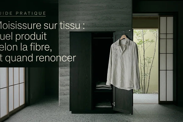 Chemise en coton clair sur un cintre devant une armoire ouverte, points gris de moisissure sur le col et l'épaule, lumière froide gris-vert