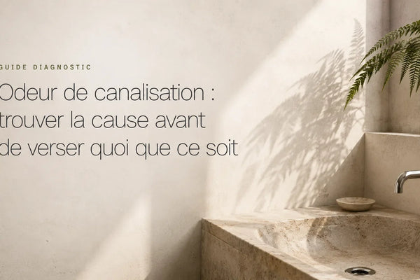 Coin de salle de bain en béton clair au petit matin, lavabo de pierre et bonde visible, avec le titre de l'article sur les odeurs de canalisation
