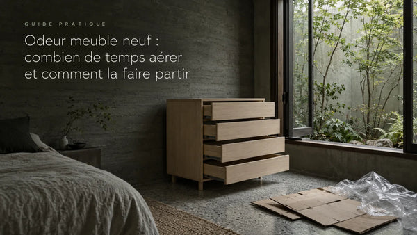 Pièce en terre crue grise, commode neuve tiroirs ouverts près d'une fenêtre ouverte sur un jardin d'arbres fins, lumière de jour couvert