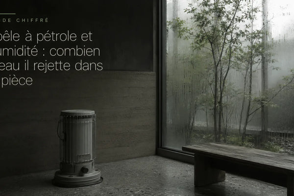 Séjour en enduit gris, poêle à pétrole éteint près d'une fenêtre couverte de buée, lumière de jour couvert