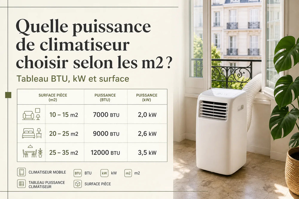 Puissance climatiseur m2 : tableau BTU, kW et surface
