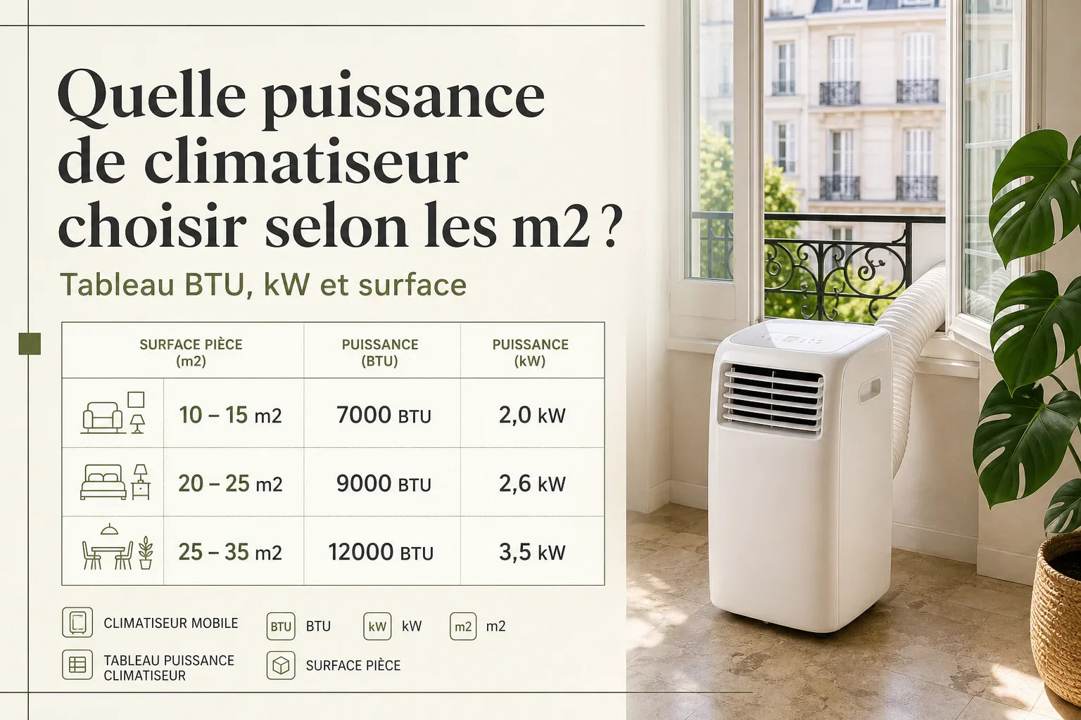 Puissance climatiseur m2 : tableau BTU, kW et surface