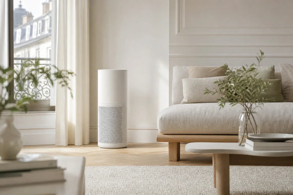 Purificateur d'air type colonne dans un salon clair pour illustrer un avis clinique sur les modèles Rowenta
