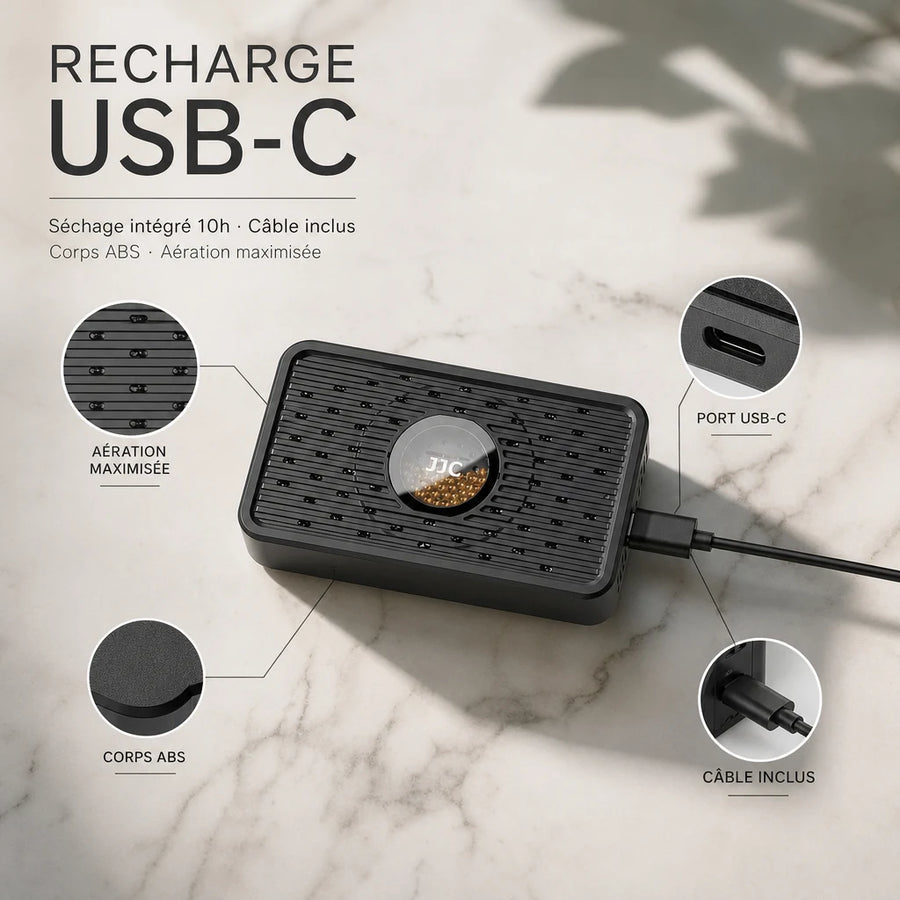 Absorbeur humidité JJC RD-1T — recharge USB-C, régénération en 3h sans granules à changer