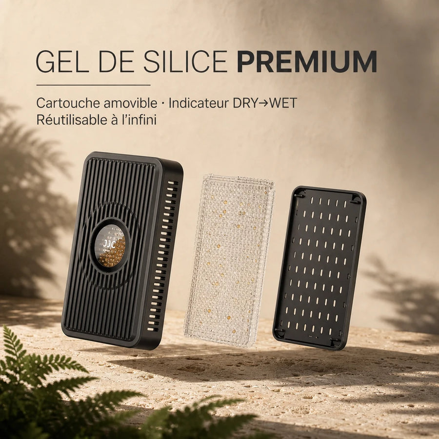 Vue éclatée absorbeur JJC RD-1T — capsule de silice gel, membrane et port USB-C