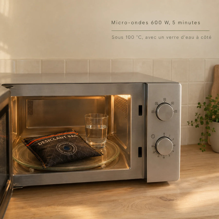 Régénération de l'absorbeur d'humidité voiture au micro-ondes à 600 W pendant 5 minutes, avec un verre d'eau