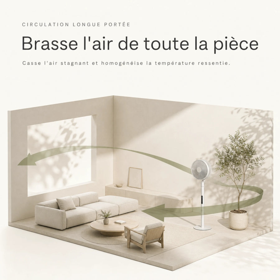 Circulateur d'air silencieux L'Air Sain qui brasse l'air de tout le salon, circulation longue portée.