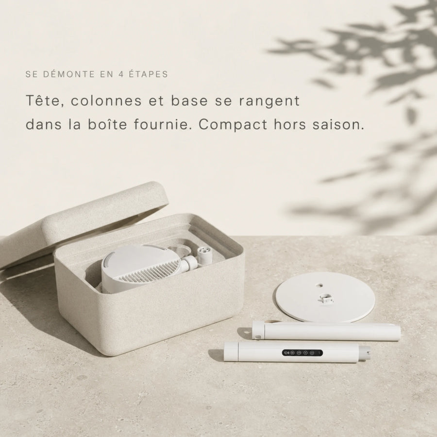 Brasseur d'air silencieux L'Air Sain démonté en 4 étapes, rangé dans sa boîte de rangement fournie.