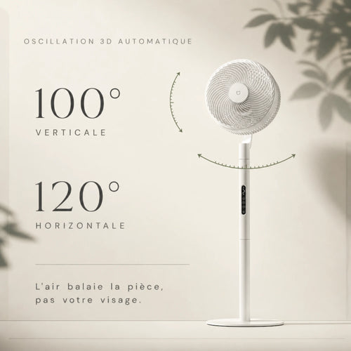 Brasseur d'air silencieux L'Air Sain, oscillation 3D automatique 100° vertical et 120° horizontal.