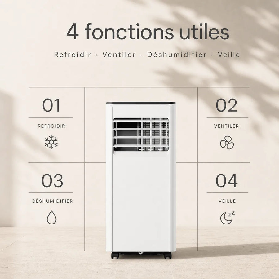 Climatiseur mobile 20 m2 avec refroidissement ventilation deshumidification mode veille et fluide R290 L'Air Sain