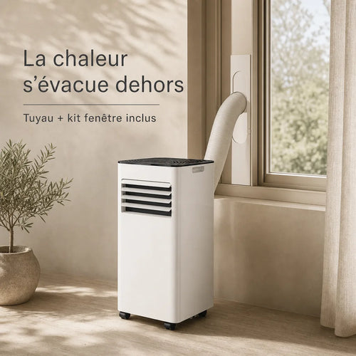 Climatiseur mobile 20 m2 avec tuyau d'evacuation raccorde a la fenetre et kit fenetre inclus L'Air Sain