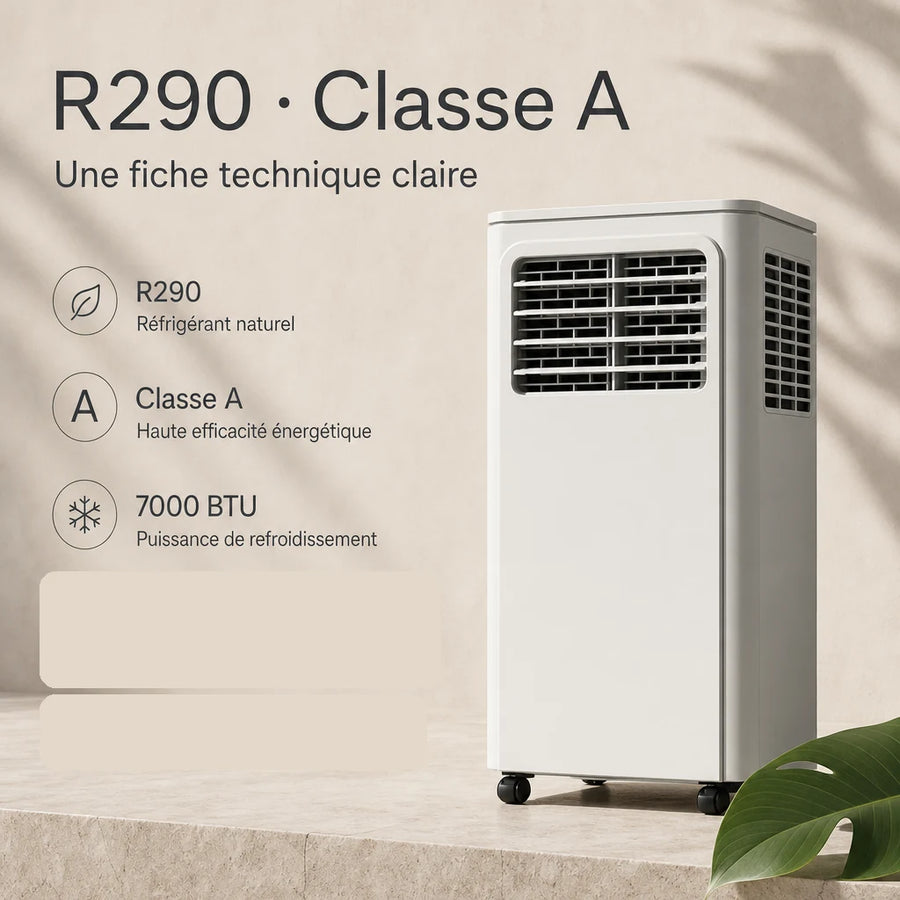 Climatiseur mobile 7000 BTU avec fluide R290 et classe énergie A
