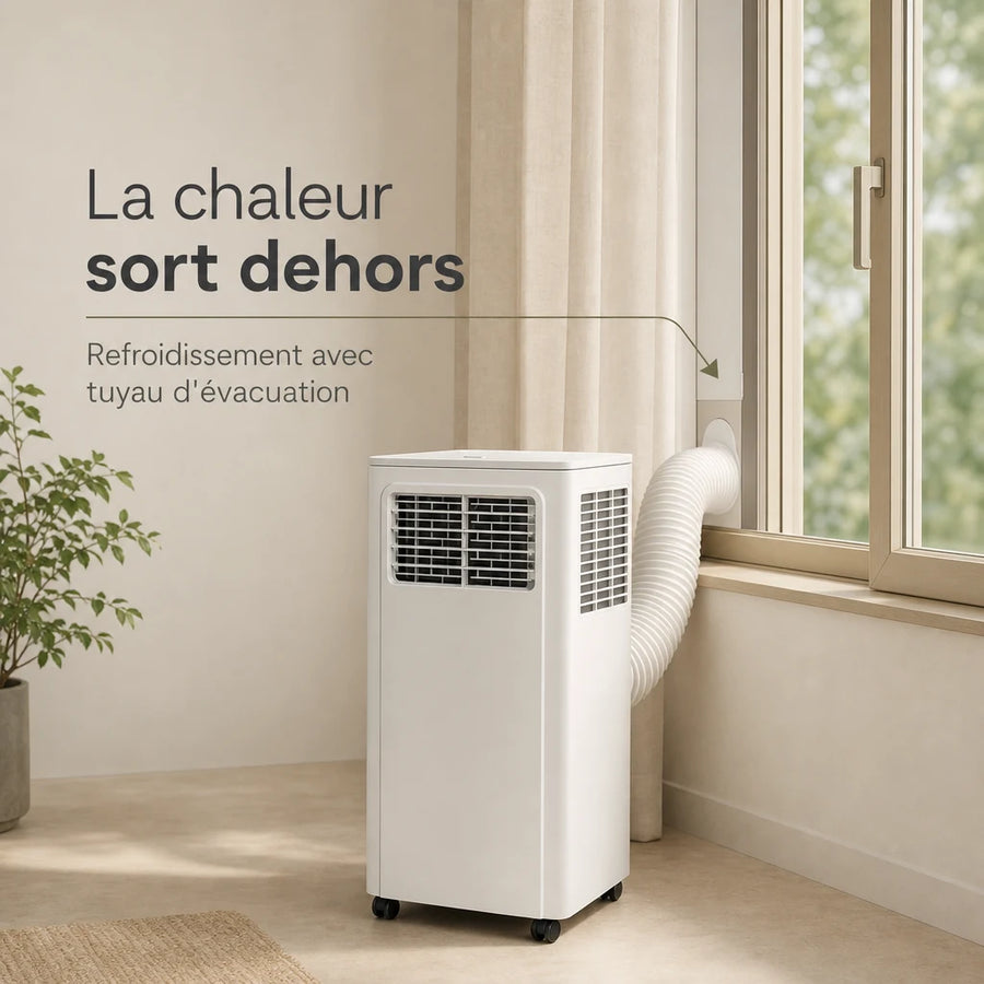 Climatiseur mobile 7000 BTU avec tuyau d'évacuation raccordé à une fenêtre