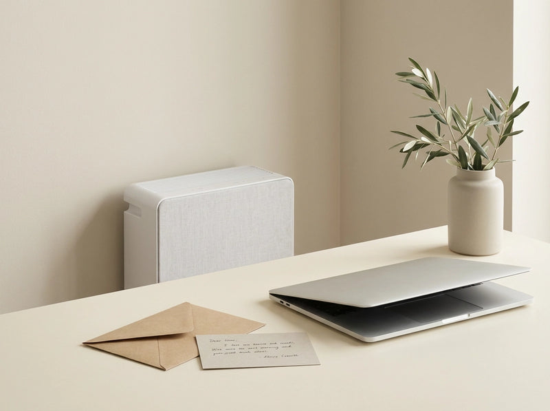 Service client L'Air Sain avec bureau minimaliste, support par e-mail et purificateur d'air dans un intérieur clair
