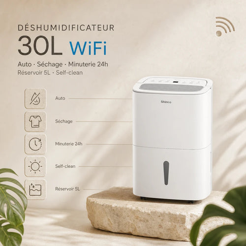 Déshumidificateur électrique WiFi Shinco 30L — photo hero, idéal cave 25-35 m²