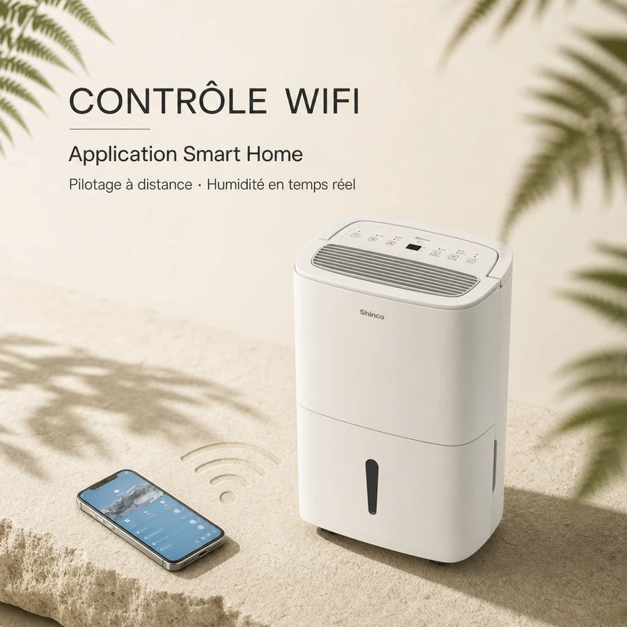 Déshumidificateur Shinco 30L WiFi — packshot sur pierre beige, 30L/j pour cave