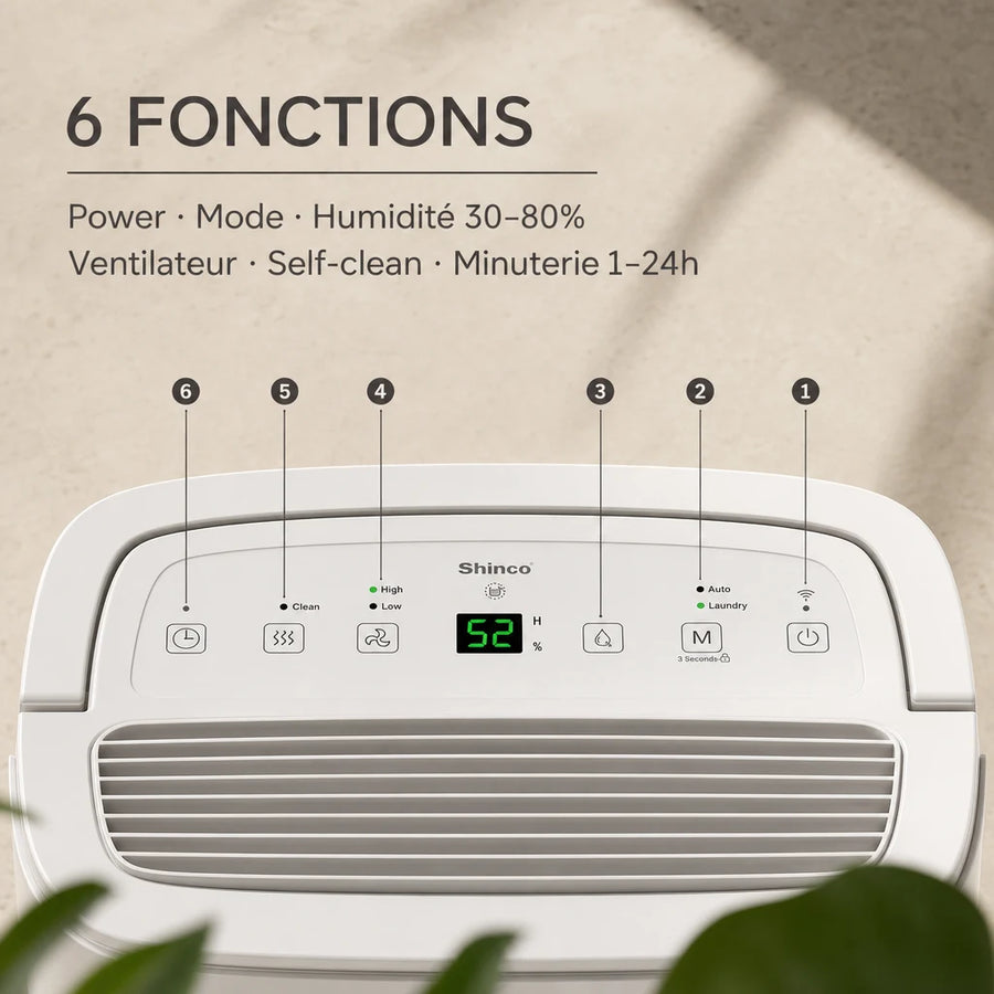 Déshumidificateur WiFi Shinco 30L — panneau commande WiFi et minuterie 24h