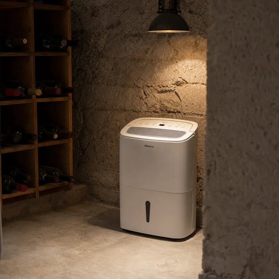 Déshumidificateur cave WiFi Shinco 30L — fonctionnement continu en cave fraîche, 5°C