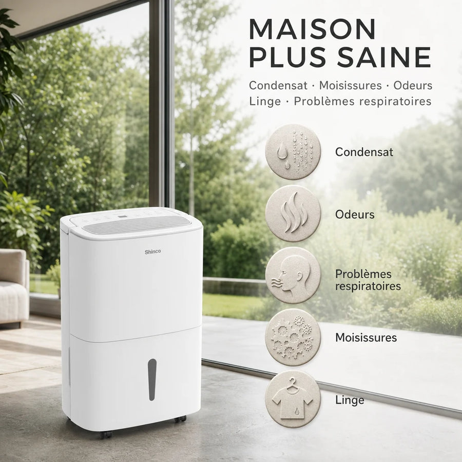 Déshumidificateur cave Shinco 30L WiFi — sol béton, drainage continu, grande surface