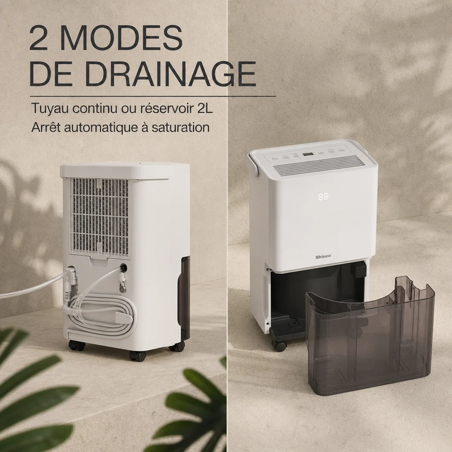 Déshumidificateur Shinco 10L — split panel drainage continu vs réservoir 2L