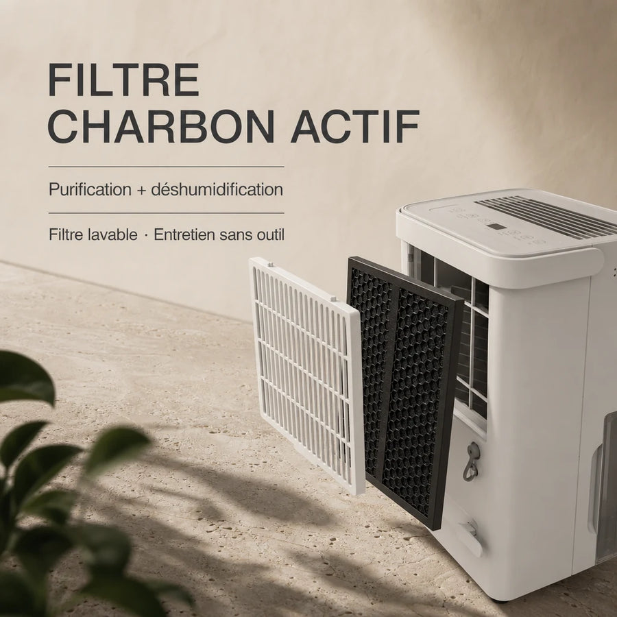 Vue éclatée filtre Shinco 10L — filtre à air lavable amovible, dégivrage automatique