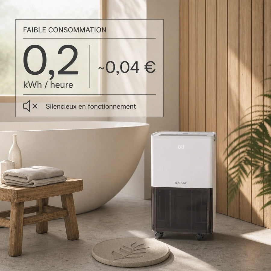 Déshumidificateur Shinco 10L — photo hero sur sol béton, 200W pour 15 m²
