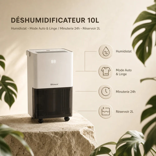 Déshumidificateur électrique Shinco 10L pour chambre — packshot sur fond beige