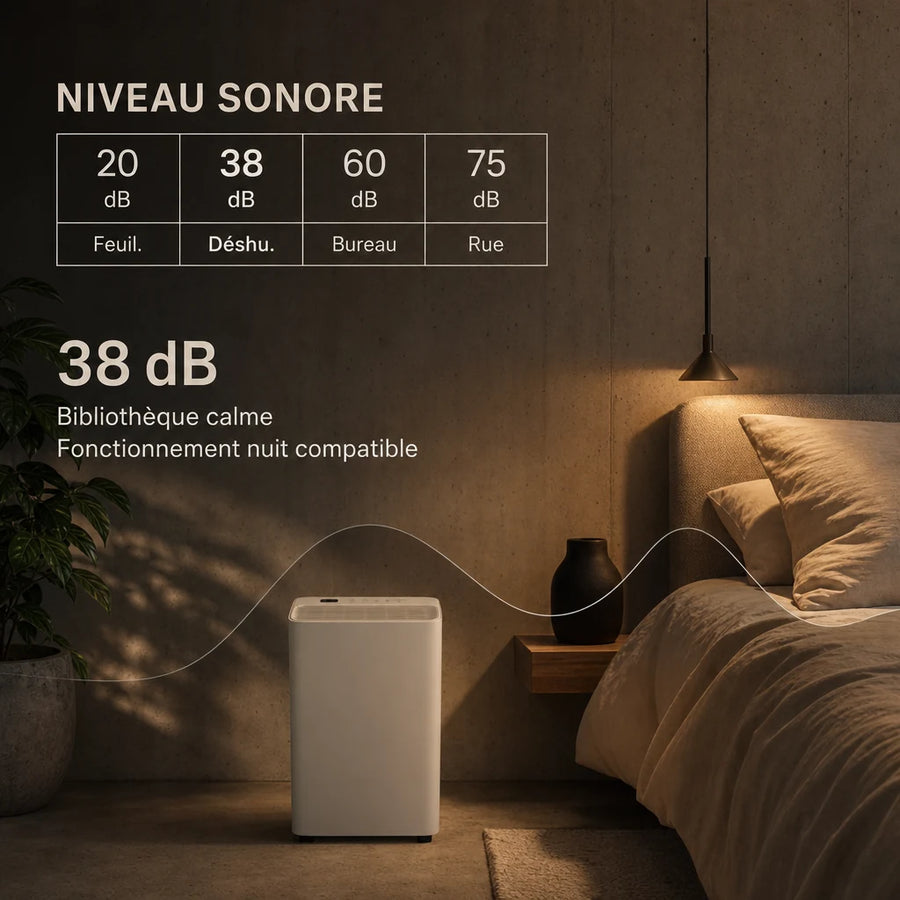 Déshumidificateur Loefme 16L dans une chambre la nuit — fonctionnement silencieux