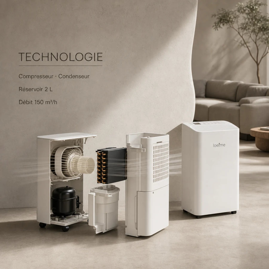 Coupe technique du déshumidificateur Loefme 16L — circuit de condensation interne