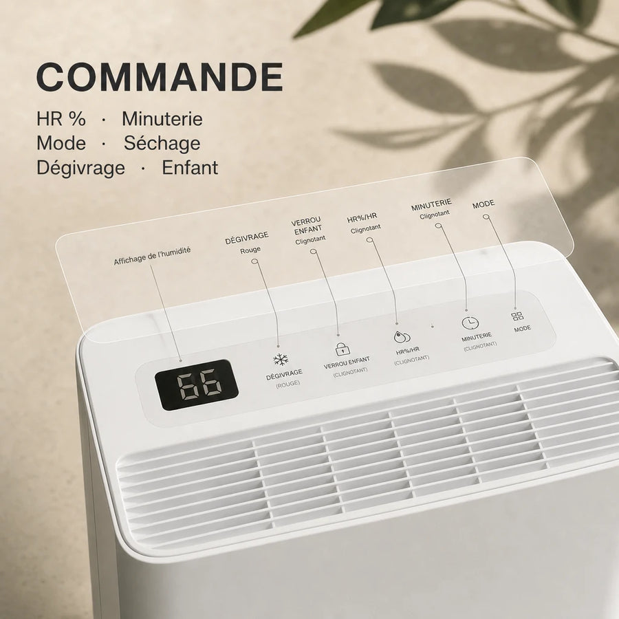 Déshumidificateur électrique Loefme 16L — détail qualité construction et panneau de commande