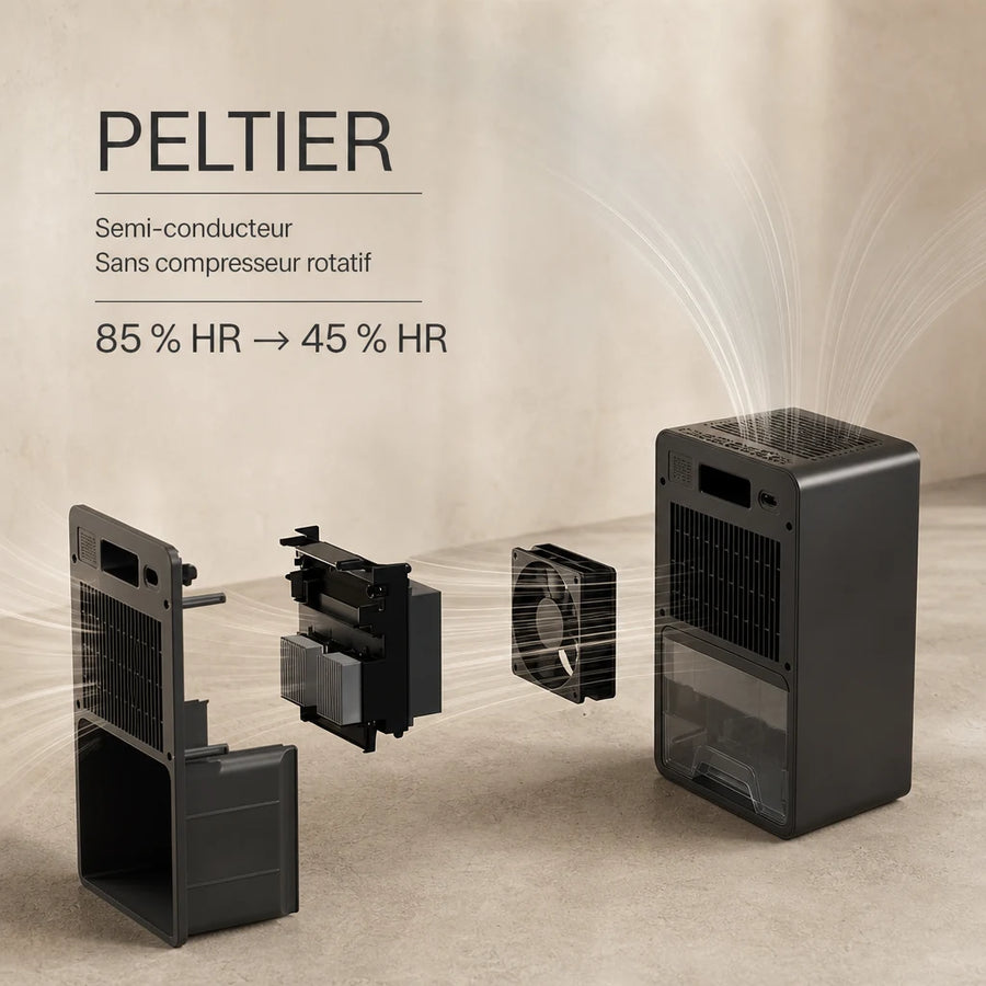 Coupe technique déshumidificateur Peltier Loefme 3L — module semi-conducteur thermoélectrique