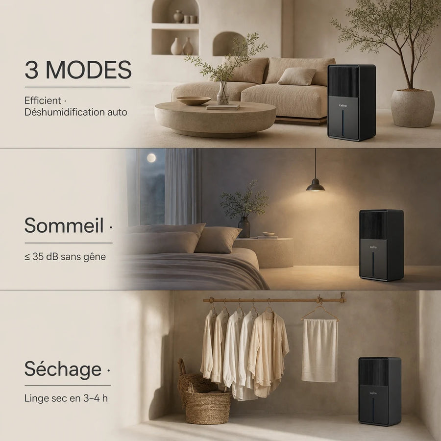 Comparaison formats déshumidificateur Peltier Loefme — 3 positions d'utilisation