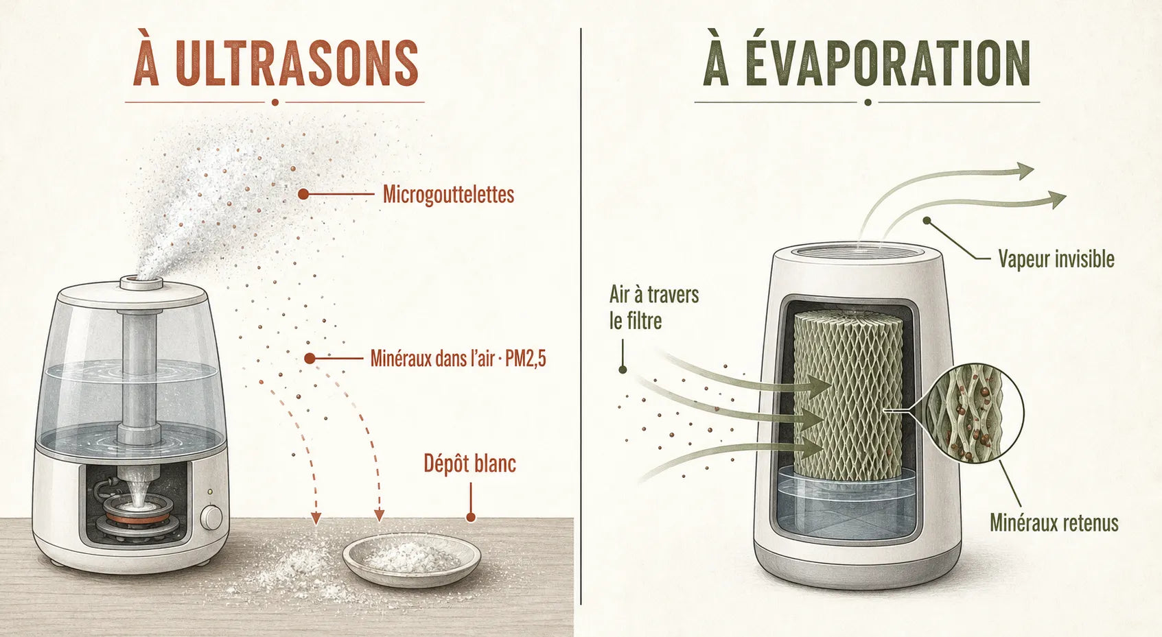 Comparaison entre humidificateur à ultrasons, qui disperse les minéraux de l'eau en particules fines, et humidificateur à évaporation, dont le filtre retient les minéraux