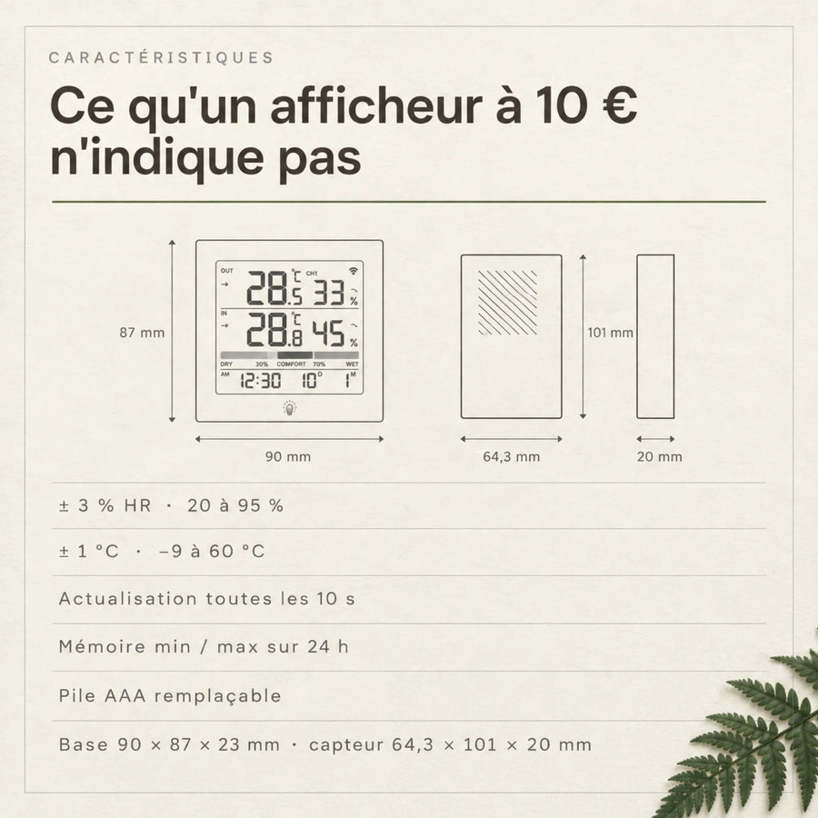 Caractéristiques de l'hygromètre : précision 3 pour cent HR, plage 20 à 95 pour cent, pile AAA