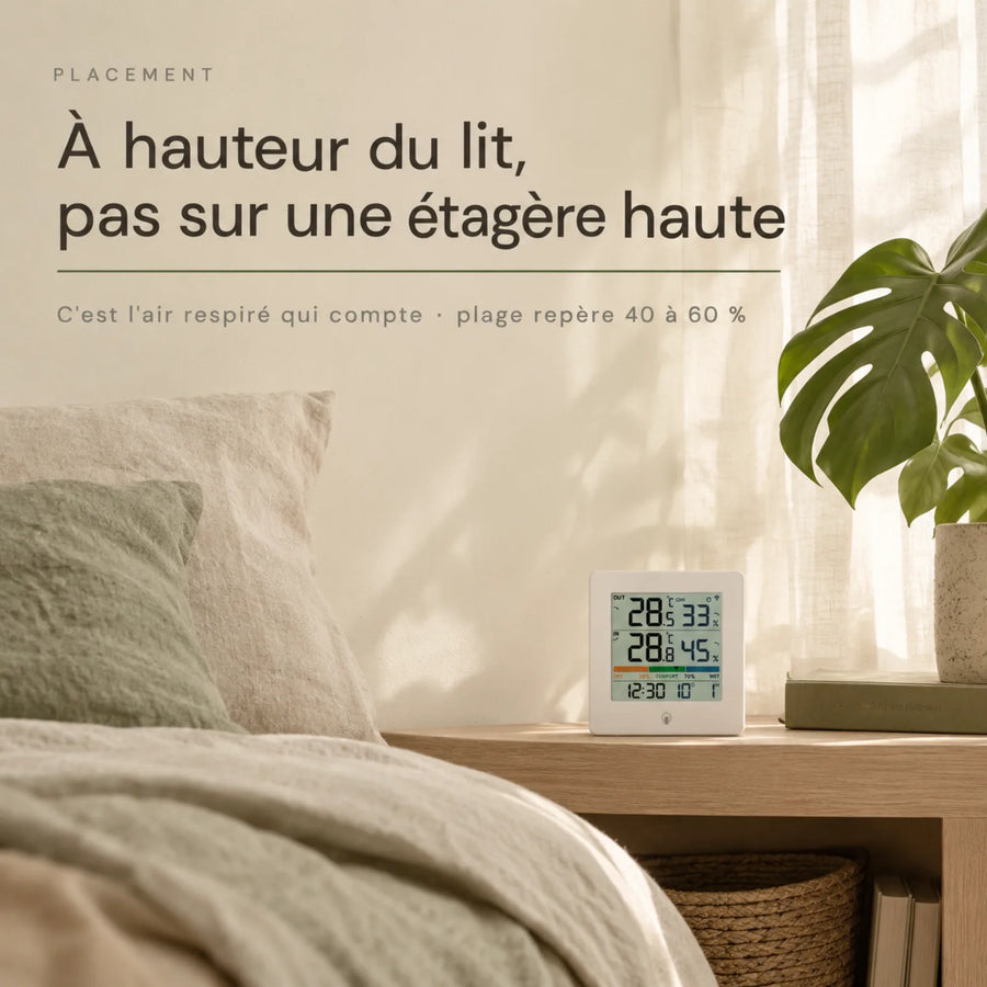 Hygromètre posé dans une chambre à hauteur du lit