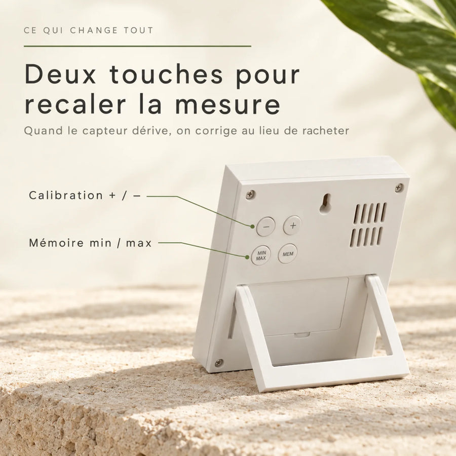 Boutons de calibration et mémoire min max au dos de l'hygromètre
