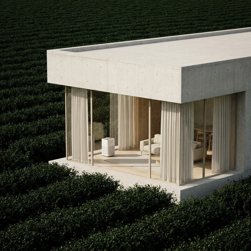 Maison brutaliste au milieu d’un champ de thé avec purificateur d’air HEPA, symbole du meilleur purificateur d’air 2026 pour maison, allergies, poussière et air intérieur sain