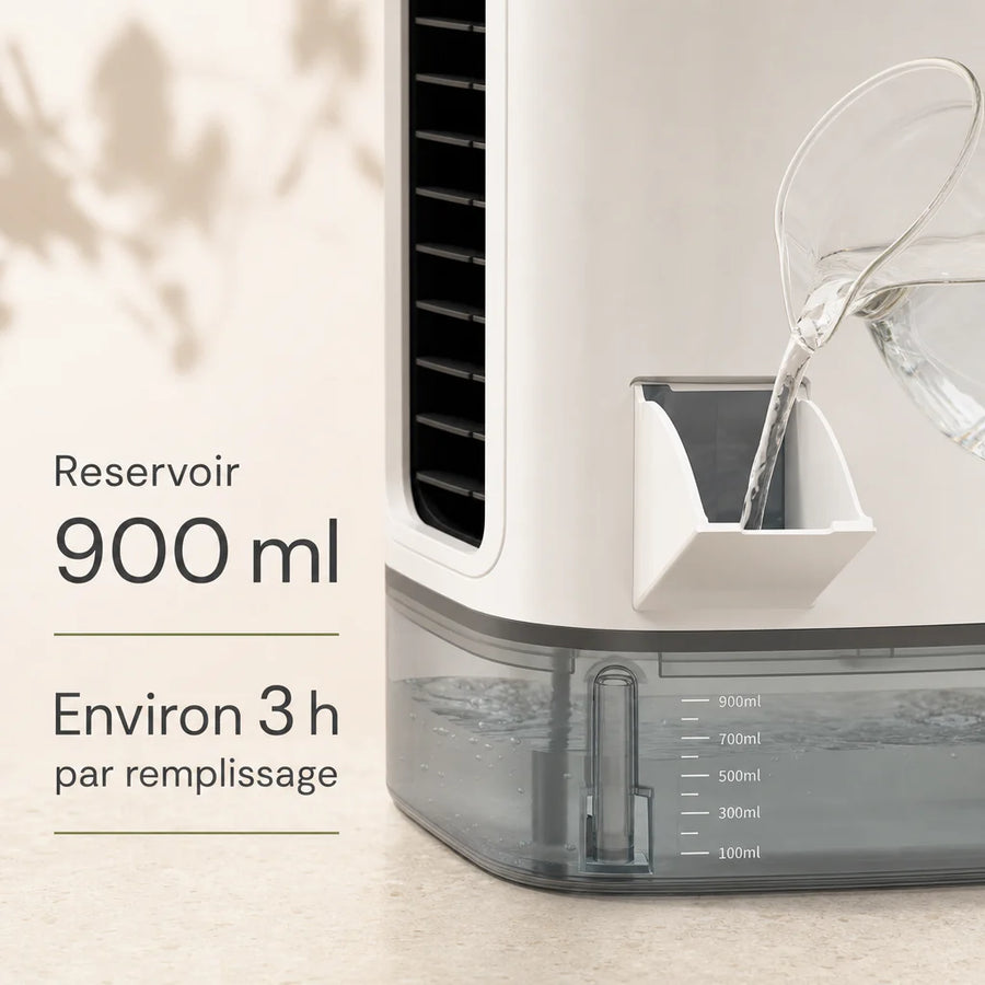 Ventilateur brumisateur d'intérieur, réservoir 900 ml et autonomie indicative d'environ 3 h par plein
