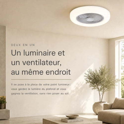 Ventilateur de plafond et lumière 2-en-1 dans un salon, plafonnier et ventilateur encastrés L'Air Sain