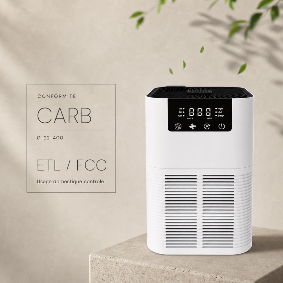 Purificateur d'air HEPA-200 L'Air Sain avec conformite CARB G-22-400, ETL, FCC et filtration HEPA charbon actif